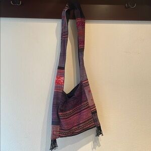 Bohemian Multicolor Crossbody Shoulder Bag, Wide Strap, Fringe, Zip Closure